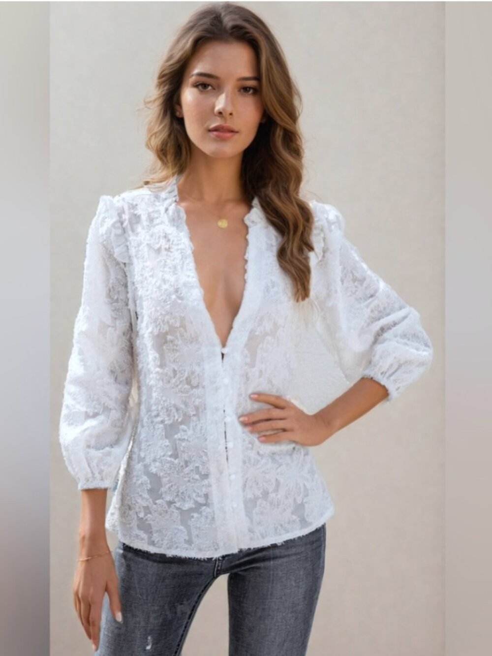 Fuzzy Notched Neck Bishop Sleeve Blouse